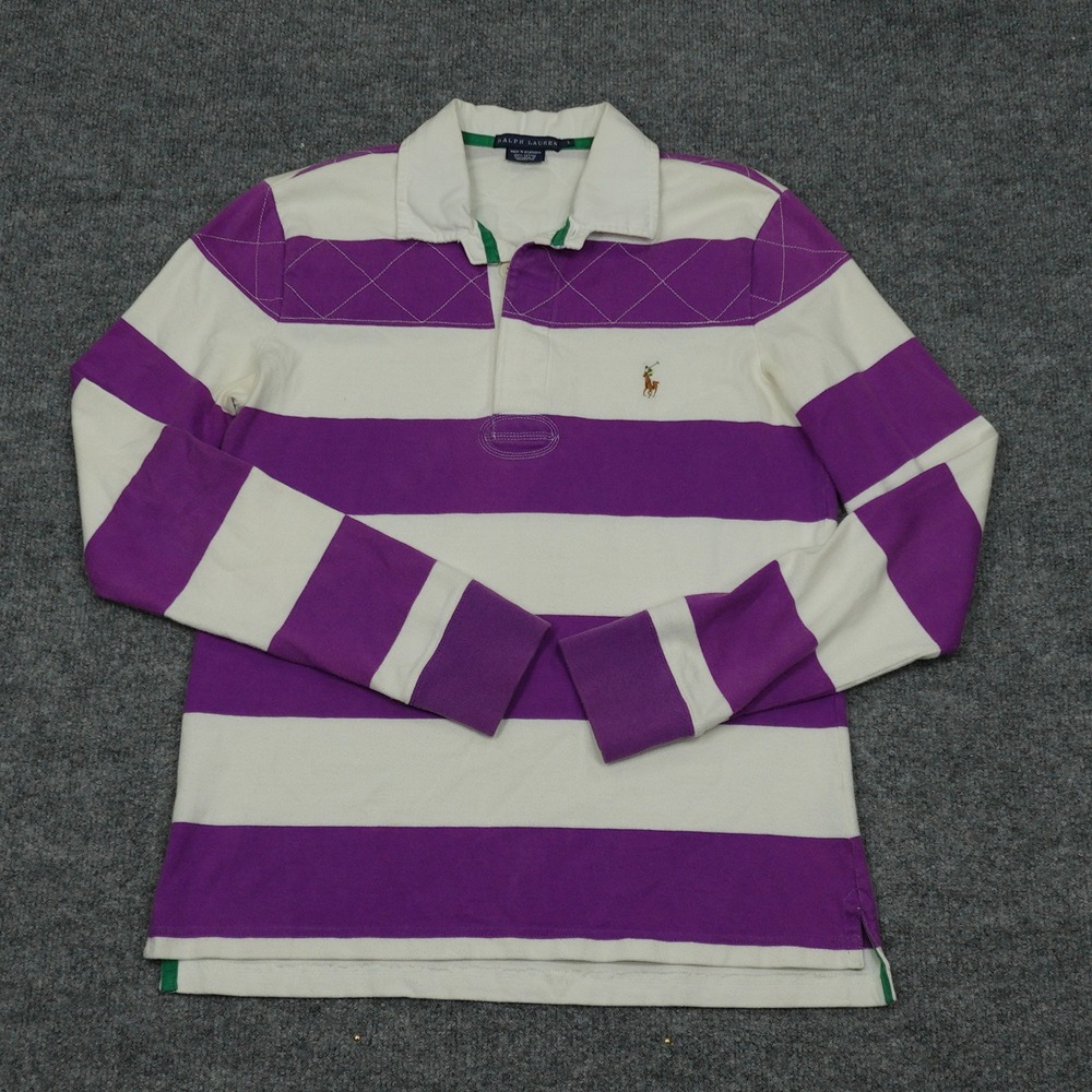 Ralph Lauren Shirt Womens Large Purple White Striped Rugby Long Sleeve Quilted